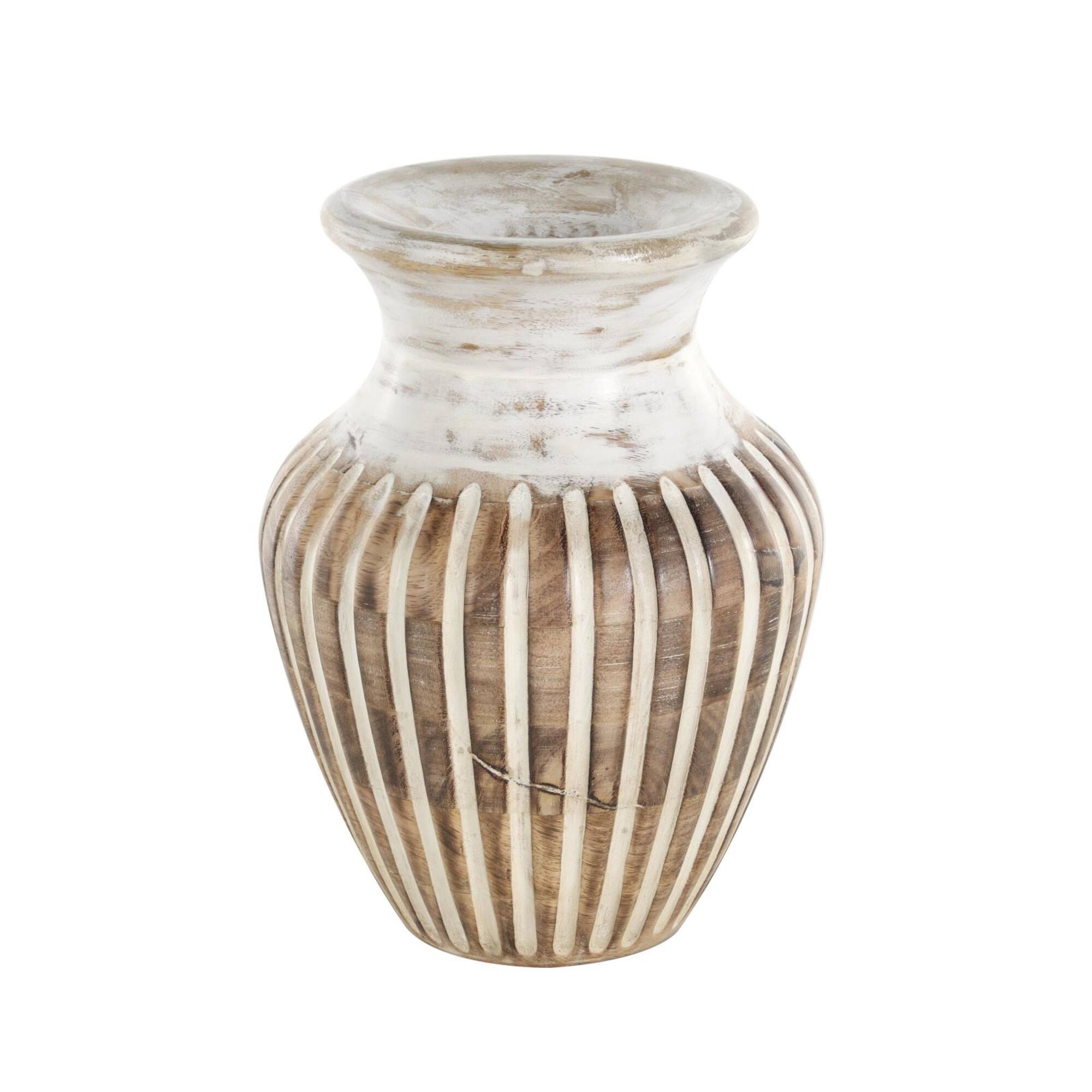 11" Brown Mango Wood Vase with Carved Grooves